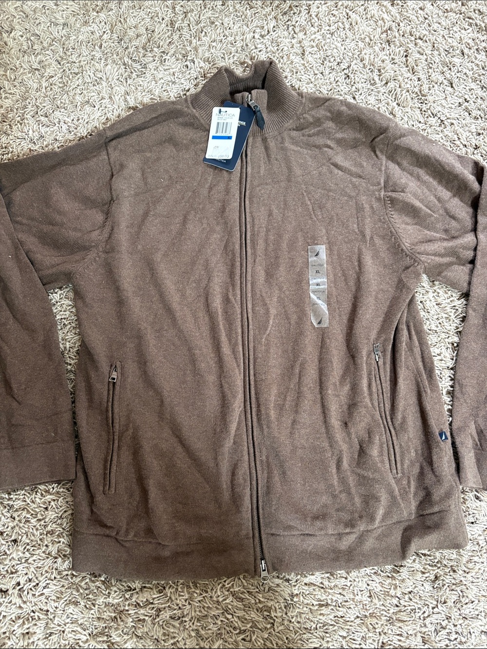 New Nautica Brown performance cotton zip cardigan sweater men’s XL